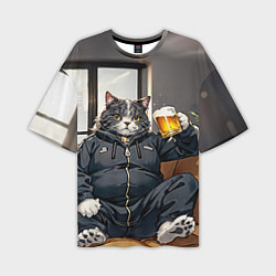 Мужская футболка оверсайз Толстый кот со стаканом пива