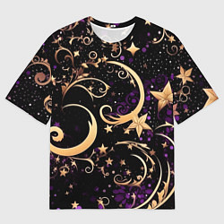 Мужская футболка оверсайз Чёрный паттерн со звёздами и лунами