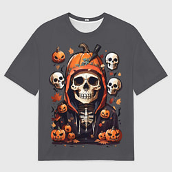 Футболка оверсайз мужская Хэллоуин скелет с тыквами, цвет: 3D-принт