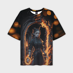 Мужская футболка оверсайз Готическая девушка с двумя косами огненная магия