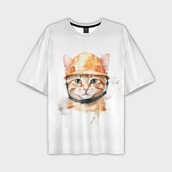 Мужская футболка оверсайз Акварельный кот в строительной каске