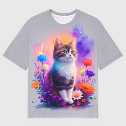 Мужская футболка оверсайз Котик и акварель
