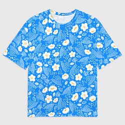 Футболка оверсайз мужская Белые птицы голуби и цветы яблони на синем фоне не, цвет: 3D-принт