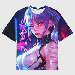 Футболка оверсайз мужская Кибер-девушка неон аниме, цвет: 3D-принт