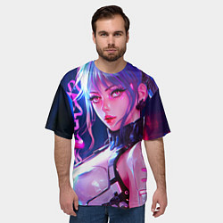 Футболка оверсайз мужская Кибер-девушка неон аниме, цвет: 3D-принт — фото 2
