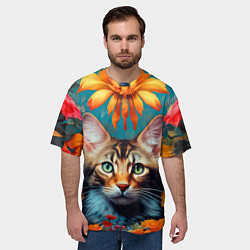 Футболка оверсайз мужская Дикая кошка в цветах, цвет: 3D-принт — фото 2