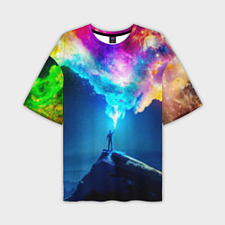 Мужская футболка оверсайз Цветной космос и горы