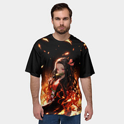 Футболка оверсайз мужская Незуко и пламя - клинок, цвет: 3D-принт — фото 2