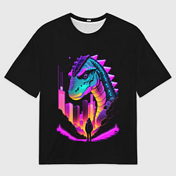 Мужская футболка оверсайз Динозавр в мегаполисе - неоновое свечение