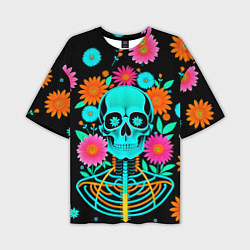 Мужская футболка оверсайз Неоновый скелет в цветах