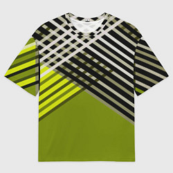 Мужская футболка оверсайз Косые черно-белые полосы на оливковом фоне