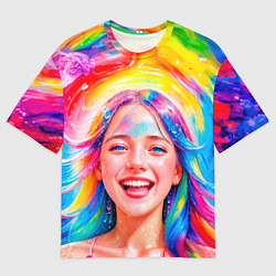 Мужская футболка оверсайз Девушка с красочными волосами в каплях воды