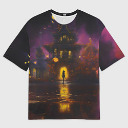 Мужская футболка оверсайз Жуткий дом и ведьма с метлой