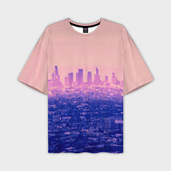 Мужская футболка оверсайз Город в розовом и фиолетовом цветах