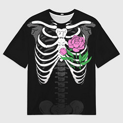 Мужская футболка оверсайз Скелет: ребра с пионом