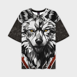 Мужская футболка оверсайз Черный волк - полигональная голова зверя