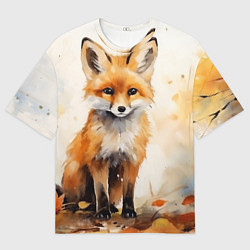 Мужская футболка оверсайз Лиса в осеннем лесу акварель