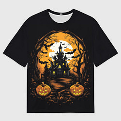 Мужская футболка оверсайз Ночной хэллоуинский замок и тыквы