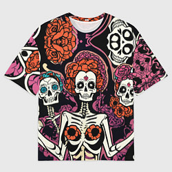 Мужская футболка оверсайз Черепа с цветами в гриме муэрто