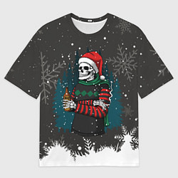 Мужская футболка оверсайз Скелет Санты с бутылкой