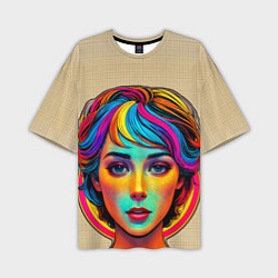 Мужская футболка оверсайз Девушка с разноцветными волосами на клетчатом фоне