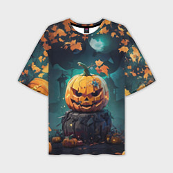 Мужская футболка оверсайз Хэллоуинская тыква под луной