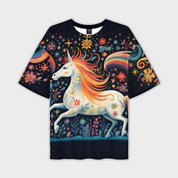 Мужская футболка оверсайз Радужная лошадка в стиле фолк-арт