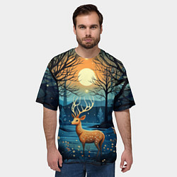 Футболка оверсайз мужская Олень в ночном лесу фолк-арт, цвет: 3D-принт — фото 2