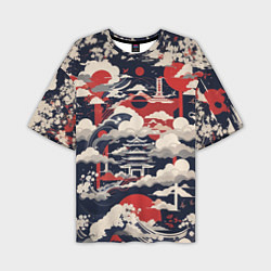 Мужская футболка оверсайз Японский замок в облаках