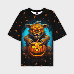 Мужская футболка оверсайз Halloween - страшный медведь с тыквой