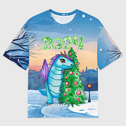 Мужская футболка оверсайз Дракон у елки 2024