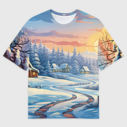 Мужская футболка оверсайз Новогодний пейзаж зимний