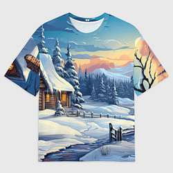 Мужская футболка оверсайз Зимний новогодний пейзаж