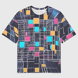 Мужская футболка оверсайз Белые полосы и разноцветные квадраты