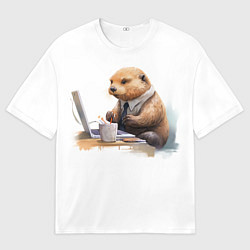 Мужская футболка оверсайз Выдра за компьютером