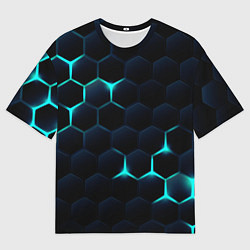Футболка оверсайз мужская Бирюзовый сквозь чёрные соты, цвет: 3D-принт