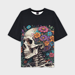 Мужская футболка оверсайз Скелет среди цветов