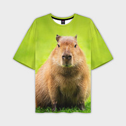 Мужская футболка оверсайз Capybara on green grass