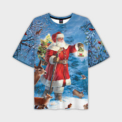 Мужская футболка оверсайз Дед Мороз в лесу с животными