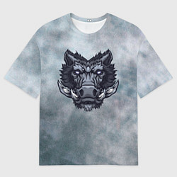 Мужская футболка оверсайз Стальной дикий кабан на сером фоне