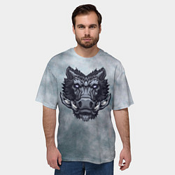 Футболка оверсайз мужская Стальной дикий кабан на сером фоне, цвет: 3D-принт — фото 2