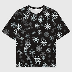 Мужская футболка оверсайз Снежинки белые на черном