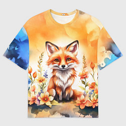 Футболка оверсайз мужская Рыжая лиса с цветами акварелью, цвет: 3D-принт