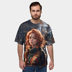 Футболка оверсайз мужская Девушка в новогодней кофте, цвет: 3D-принт — фото 2