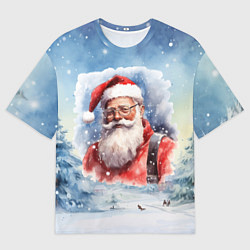 Мужская футболка оверсайз Санта на фоне леса