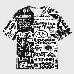 Футболка оверсайз мужская Логотипы лучших групп черно белый, цвет: 3D-принт
