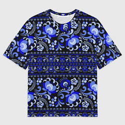 Футболка оверсайз мужская Новогодняя гжельская роспись цветами на чёрном фон, цвет: 3D-принт