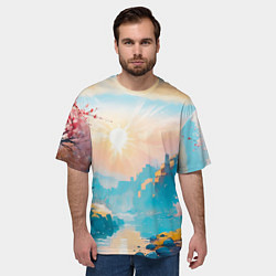 Футболка оверсайз мужская Японский город вдали и цветущая Сакура у реки, цвет: 3D-принт — фото 2