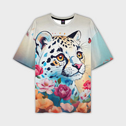 Мужская футболка оверсайз Мультяшный леопард в цветах