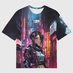 Мужская футболка оверсайз Девушка на фоне киберпанка
